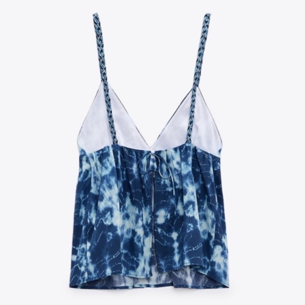 Zara Tie dye printed Blue & White Crop Top Back Tie Cotton Braided Tank Size XS - Picture 2 of 5